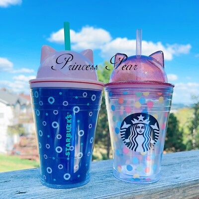 Set 2Pcs.Starbucks Tumbler Cold Cup 12 oz Cat Ears Lid Polka Dot | eBay