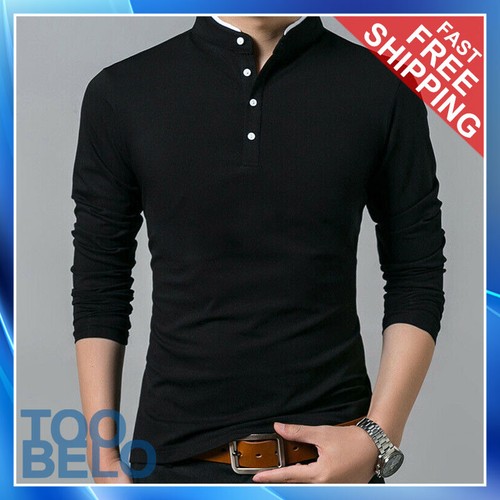 Camisa Casual Elegante Manga Larga Para Hombre Camiseta De Algodón Cuello  Alto | eBay