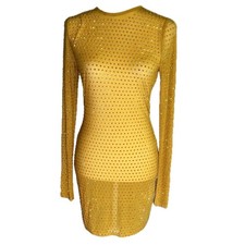PrettyLittleThing Naomi Campbell Yellow Crystal Studded Mesh LS Mini Dress Sz 8
