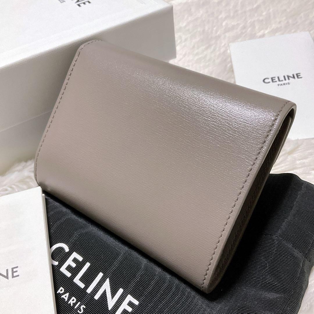 Celine Trifold Wallet Triomphe Small Gray Leather Gold Logo