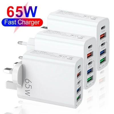 65W USB C PD Fast Charger 5-Port Quick Adapter EU/US/UK for iPhone/Samsung/Xiaom