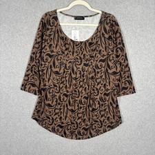 Tan Paisley Scroll Tunic Top Large Flowy Artsy Abstract Lagenlook Neutrals