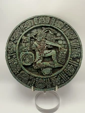 Aztec Calendar Sun Stone Plaque 7.25” – Verdigris Bronze Style – Wall Art
