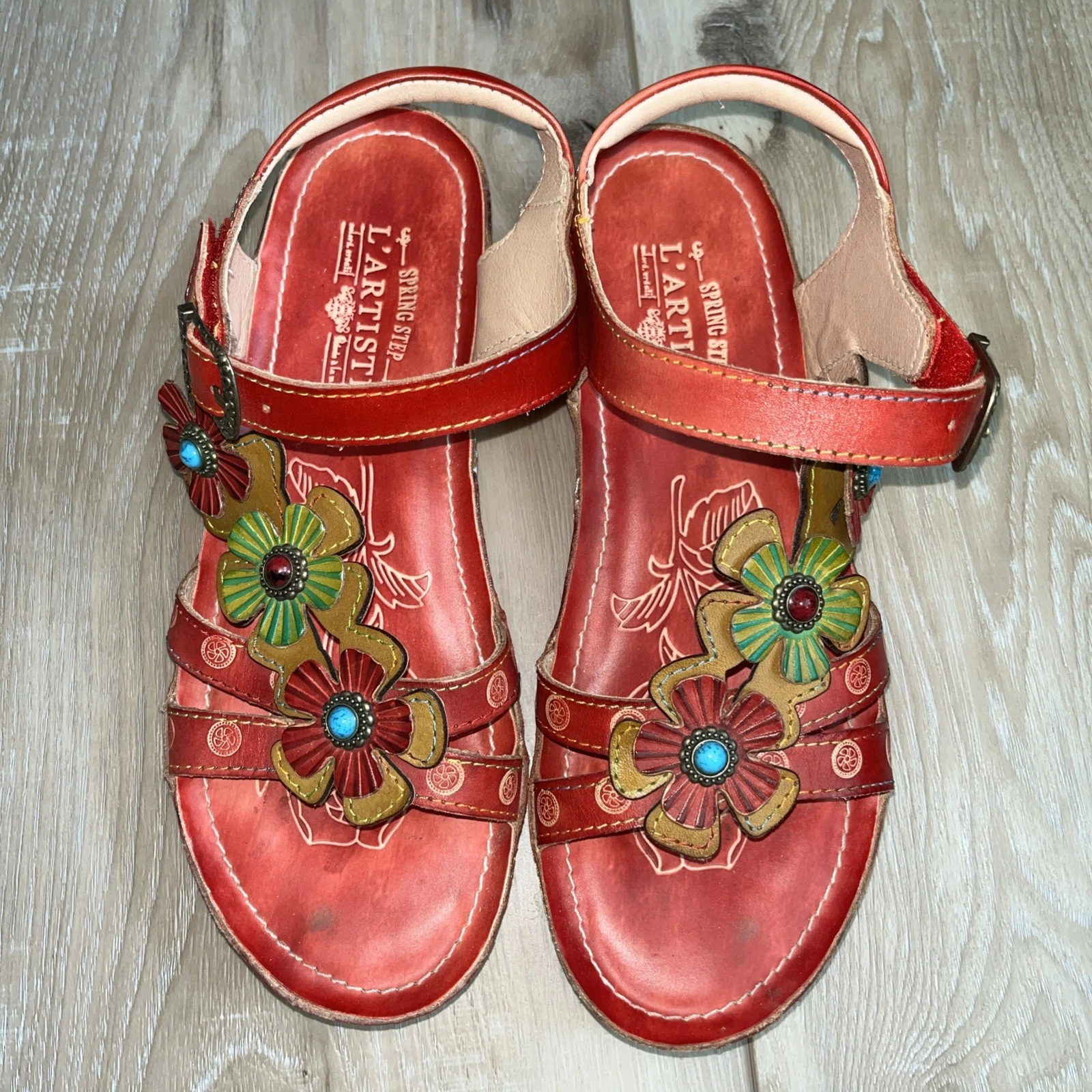 L'Artiste Spring Step Leather Goodie Flower Sandal Red Size 40 US Size 9