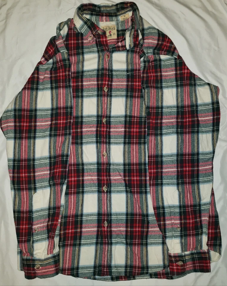 Red Head Mens Flannel Button Front Shirt L Long Sleeve Red Green Plaid Holiday - Image 2 of 4