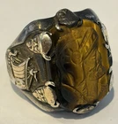 10K GOLD & STERLING VTG Viking BIKER Ring-Warriors / Longships-TIGER EYE SOLDIER