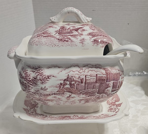 4pc Vintage Red Transferware Soup Tureen Set Lid Underplate Ladle Castle Scene