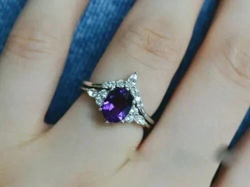 14K White Gold Plated 2Ct Oval Cut Lab Created Amethyst Women's Bridal Ring Set - Image 3 of 4