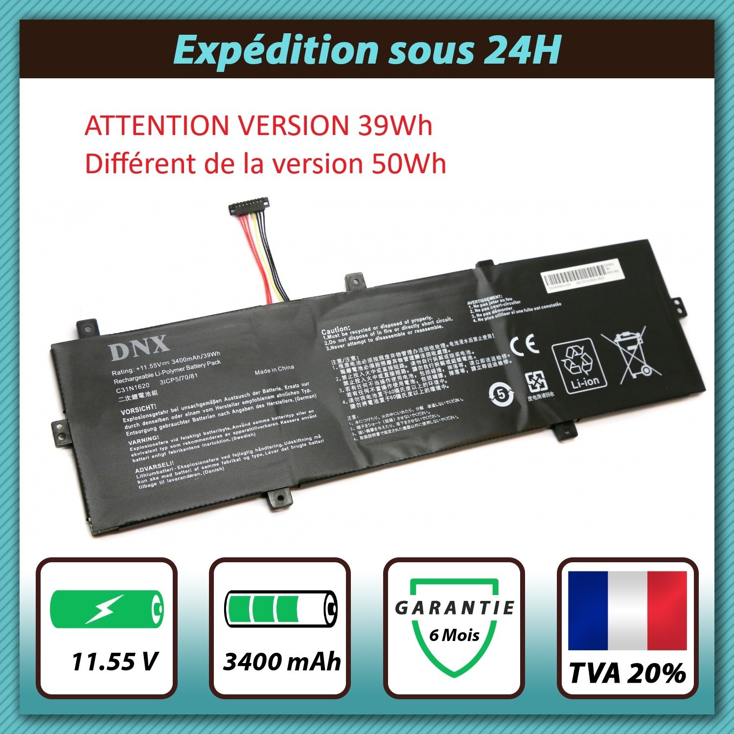 Batterie C31N1620 pour ASUS ZenBook UX3400UA de 11.55V 3400mAh
