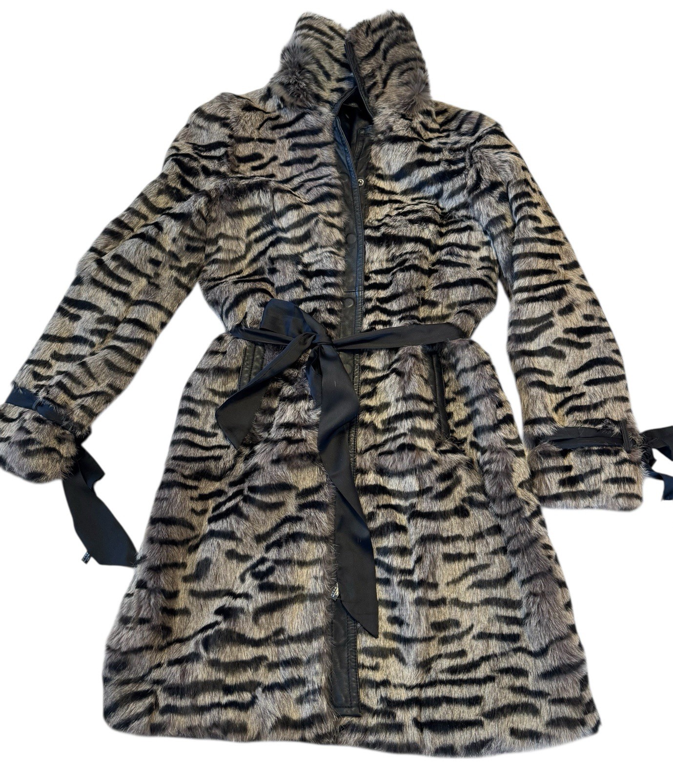 Vintage Bebe Dyed Rabbit Fur Coat Medium Tiger Stripe Print Leather Trim Belted
