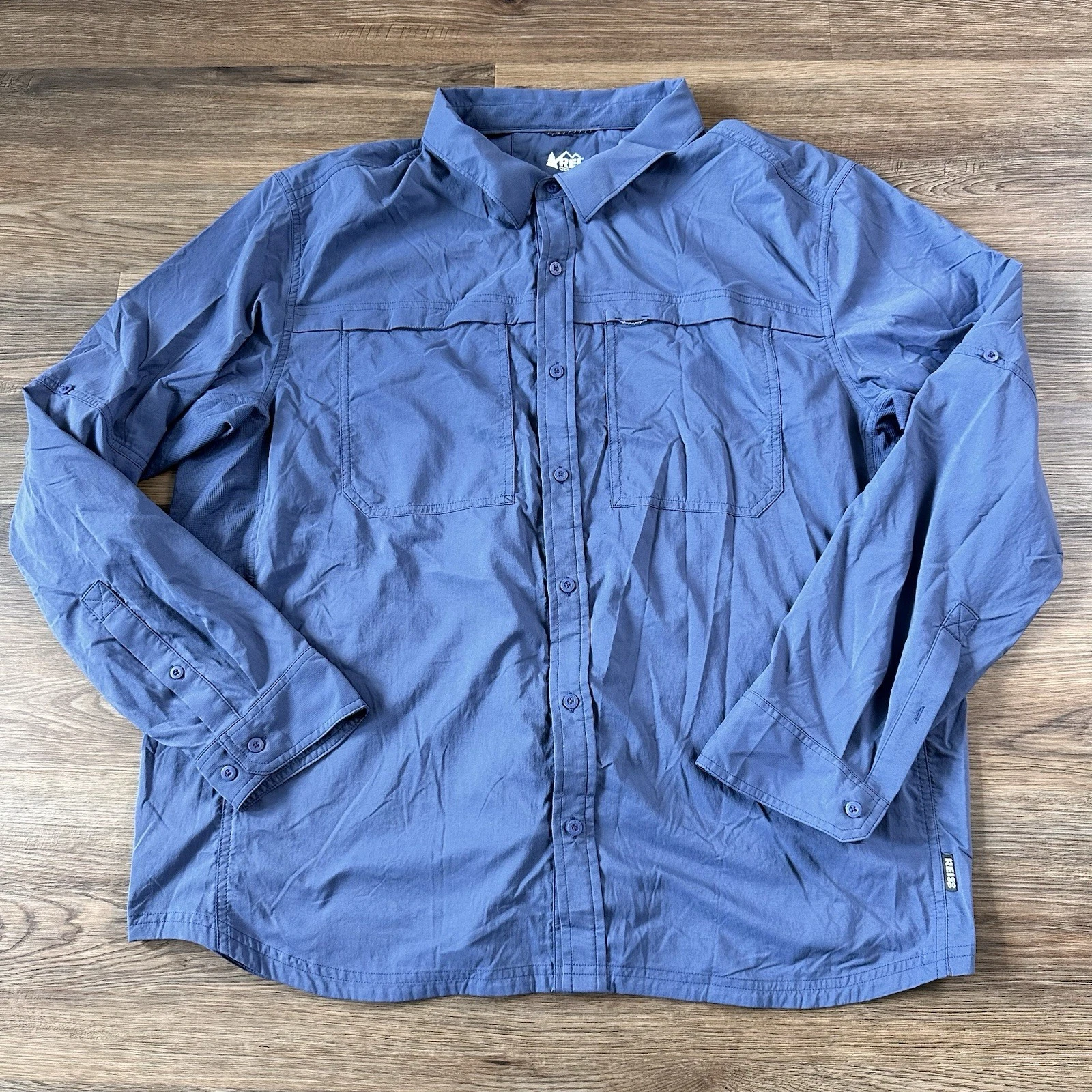 REI Shirt Mens XXL Blue Sahara Long Sleeve Stretch Vented Roll Tab Performance