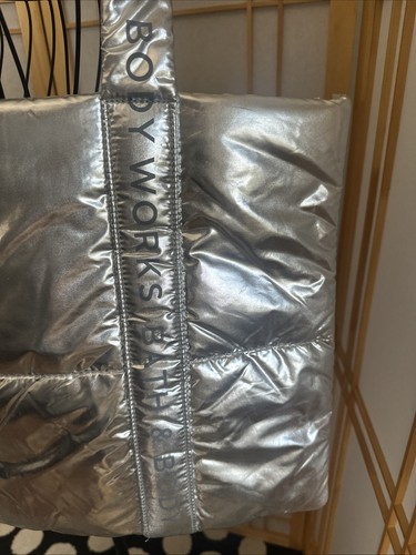 BATH & BODY WORKS Silver Metallic Quilted Puffer Logo Shoulder Tote Handbag NWOT - Picture 3 of 19
