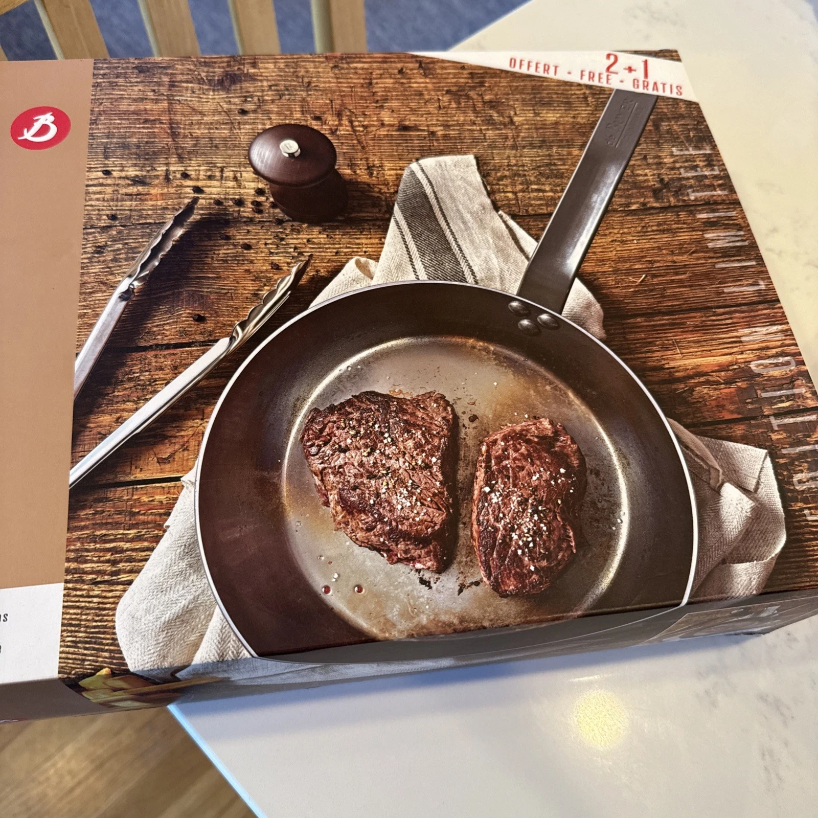 De Buyer Mineral B Round Carbon Steel Fry Pan,, 10 “ Steak Lover 3 Piece Set