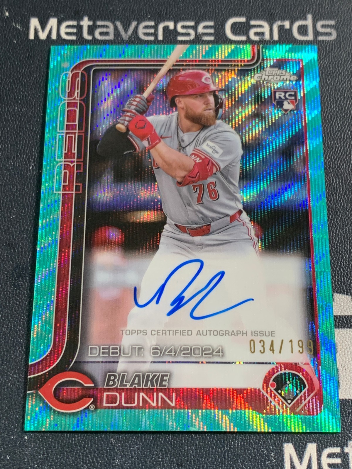 2025 Topps Chrome Blake Dunn RC Rookie Debut Auto Aqua Wave 34/199 Reds