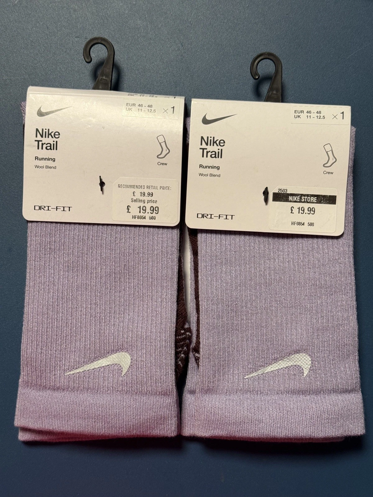 2 PACK Nike Trail Running Gym Crew Socks HF0854-500 Wool Blend Size UK 11-12.5