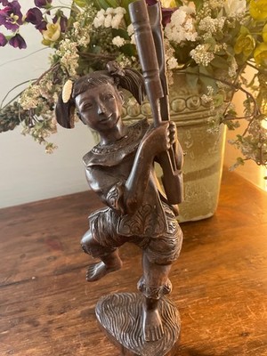 Antique Wood Carved Burmese Temple Dance Figure Playing Instrument