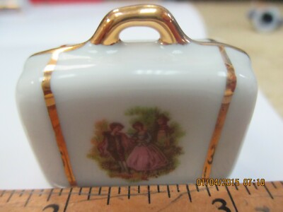 LIMOGES FRANCE WHITE LUGGAGE FLOWERS 18TH CENTURY MAN AND WOMAN STROLLING