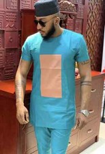 Sky-blue  Tuscan Men's Short Sleeve Shirt and Pants African Clothing Men Kaftan