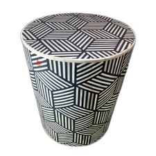 Handmade Bone Inlay Geometric Pattern Round Shaped Stool for Home and Office