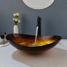 Bathroom Basin Mixer Glass Vessel Sink Oval Faucet Black Pop Up Drain Combo