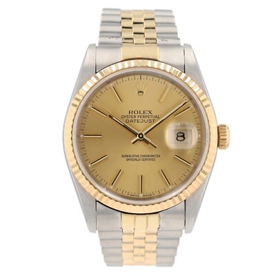 Rolex Mens Datejust 18Ky & Steel Watch Champagne Index Fluted Jubilee Band 16233
