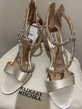 BADGLEY MISCHKA Bridal Wedding STILETTO Sandals IVORY Satin Rhinestones 9 NEW