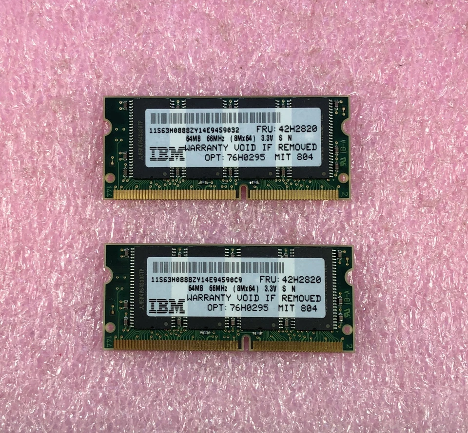 2 X 64MB IBM 66MHz PC66 NON-ECC MEMORY SODIMM - FRU: 42H2820 - 128MB TOTAL - Image 2 of 3