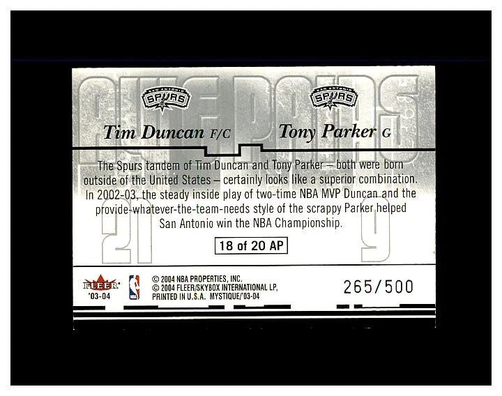 2003-04 Fleer Mystique Awe Pairs #18AP Tim Duncan + Tony Parker 265 /500 MINT - Image 2 of 2