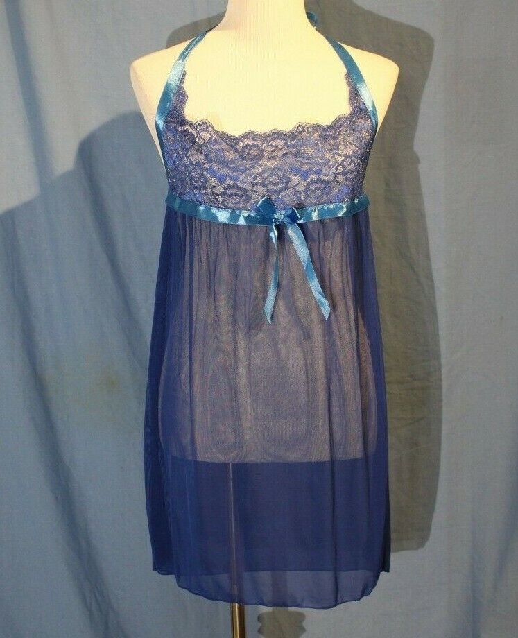 Royal Blue Halter Nightgown, Empire Waist, Semi Sheer… - Gem