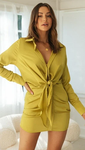 Vestido de satén de seda con cuello en V para mujer manga larga coleccionar cintura nudo lazo mini vestidos - Imagen 33 de 40