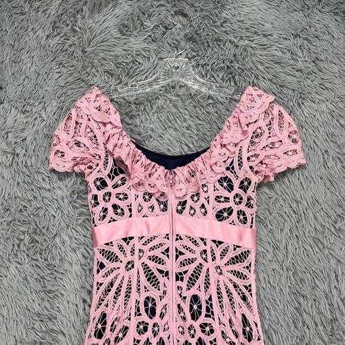 Betsey Johnson Sheath Dress Women's 2 Pink Blue Bow Coquette Silk Y2K Crochet - Picture 11 of 14