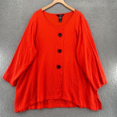 Ali Miles Top Womens 2X Fluorescent Orange Crepe Long Sleeves Tunic Button Up