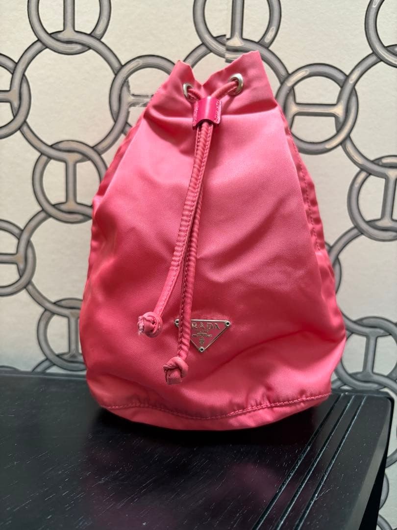 PRADA Nylon Drawstring Pouch Pink Logo Authentic … - image 1