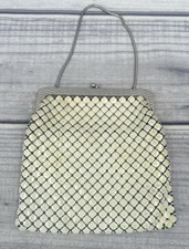 VINTAGE WHITING  DAVIS METAL ENAMEL MESH BAG PURSE - CREAM WITH SILVER HARDWARE