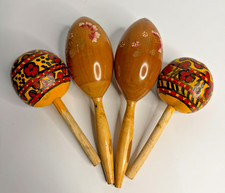 Vintage Hand Painted Wooden Maracas Set of 4 Folk Art Rattles Handmade Percussio