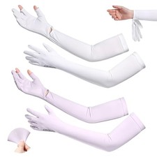 2 Pairs Women UV Long Sun Protection Gloves, Cooling Cycling White-purple