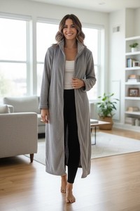 Oscar de la Renta Robe Womens S/M Gray Plush Fleece Full Zip Long athleisure