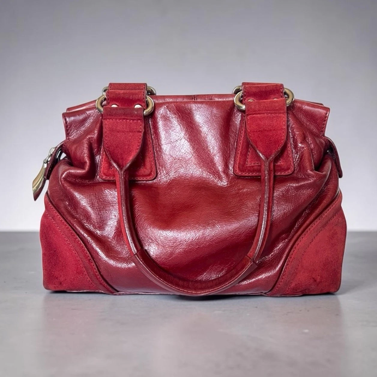 Francesco Biasia Red Leather Satchel Handbag Suede Trim Shoulder Purse Italy