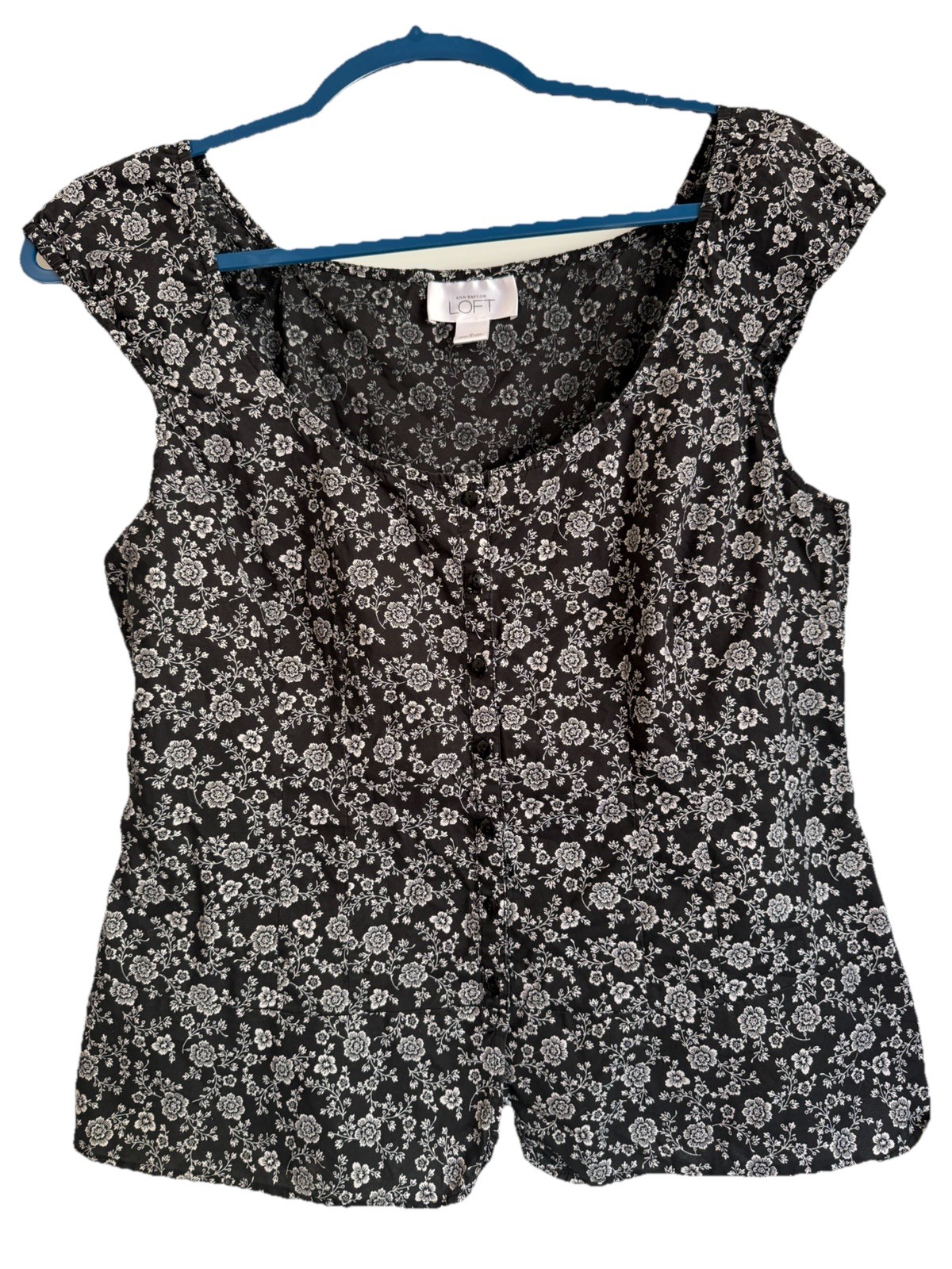 Vintage LOFT Floral Print Black White Square Neck Button Blouse Women’s Sz 8