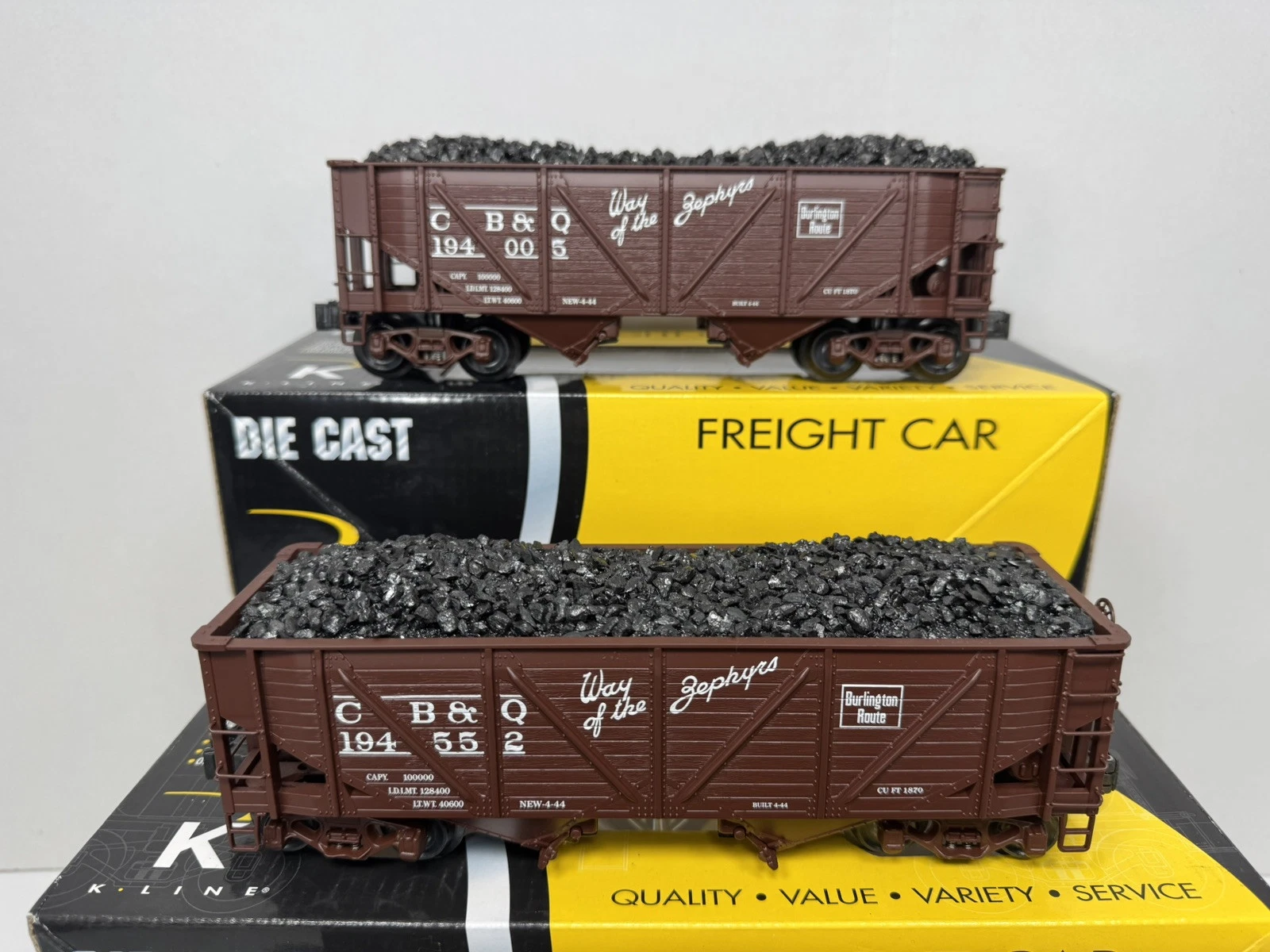  conjunto de tremonha fundida k-line cb&q burlington 2 compartimentos 4 carros ex 