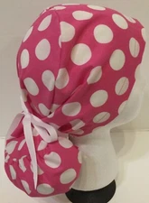 Pink Polka Dot Print Medical Ponytail Pouch Scrub Cap Surgery Hat Chef Dental