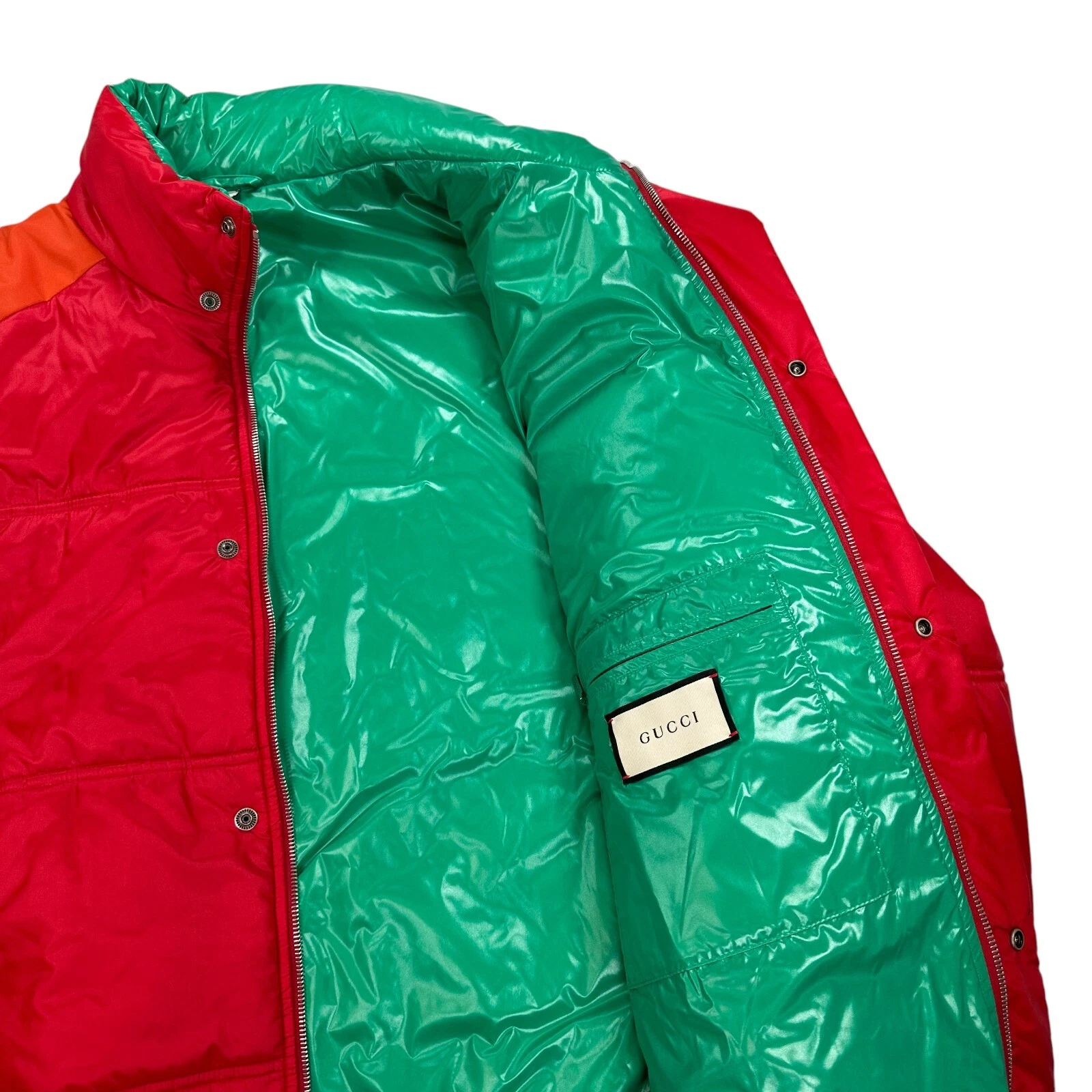 Gucci Taglia L Rosso Gucci Worldwide Piumino Giacca Verde Foderato Bandiere Bottoni