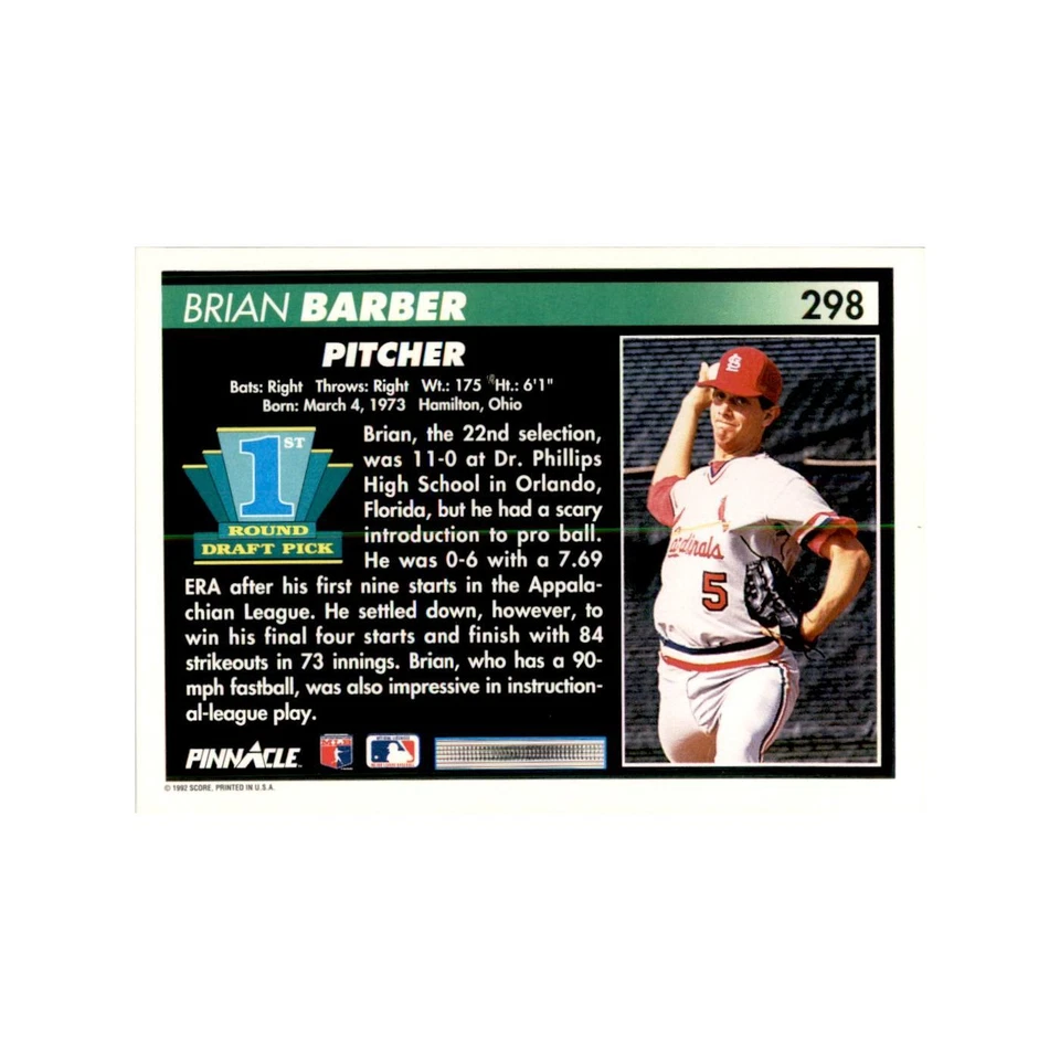 1992 Pinnacle Brian Barber Baseball Cards #298 - Image 2 of 3