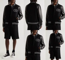 Valentino Logo Varsity Jacket Tweed Leather Blouson Coat Bomber L