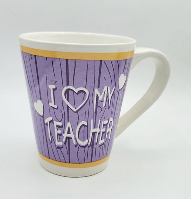 Purple White Ceramic I Love My Teacher Heart Coffee Mug Tea Cup Multicolor