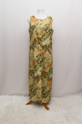 Vintage Valerie Stevens womens dress tan green maxi sleeveless L
