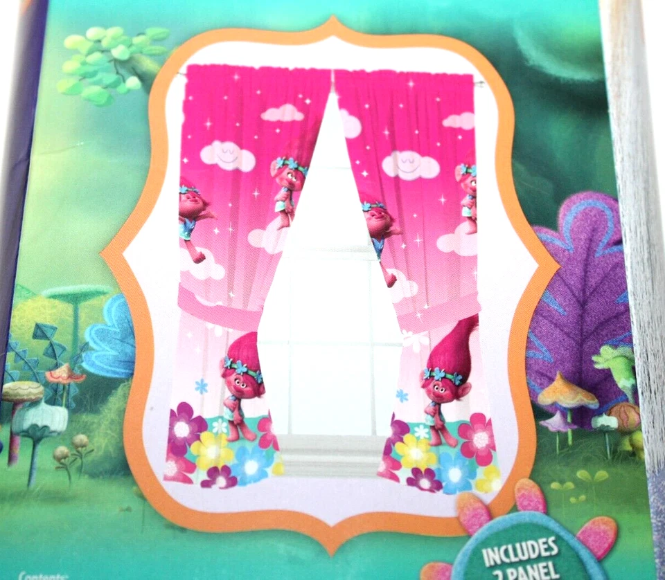 Dreamworks Trolls Pink Poppy/Jumping Rainbows Microfiber Window Panels - Image 2 of 2