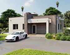 Płaski domek 2 łóżka, łazienka, taras, plany CAD metryczne / imperialne