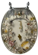 JEWEL SHELL SEASHELL AND SEAHORSE RESIN TOILET SEAT, CHROME HINGES ELONGATED