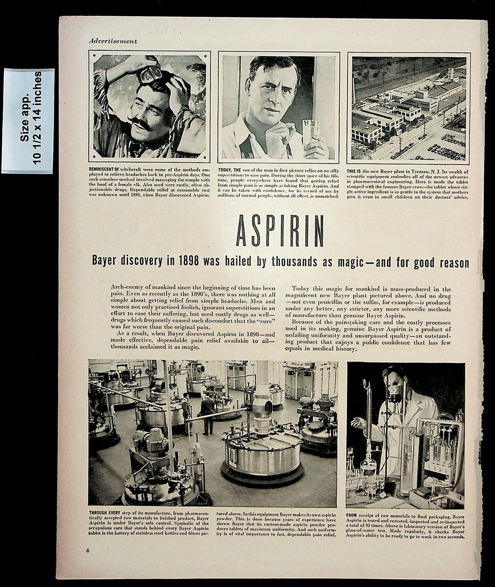 1948 Bayer Aspirin Medicine Lab Chemist Pain Relief Vintage Print 
